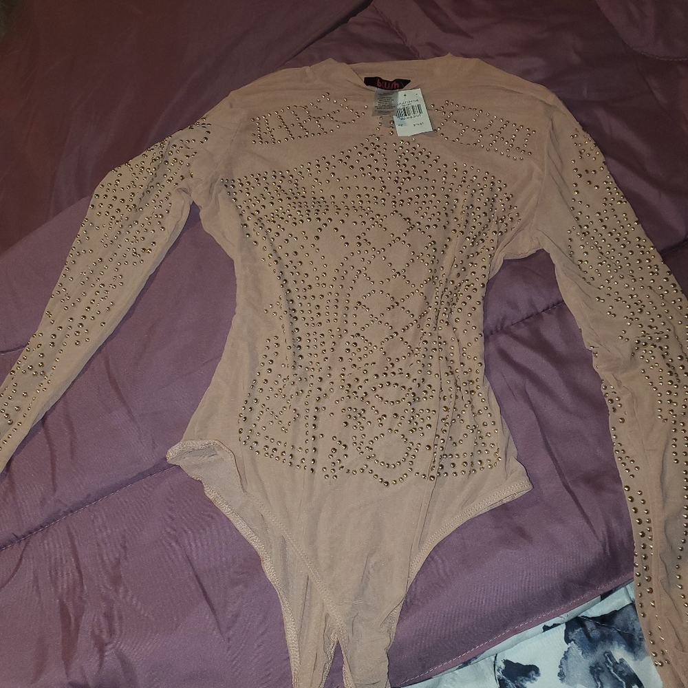 Nude rhinestone body suit